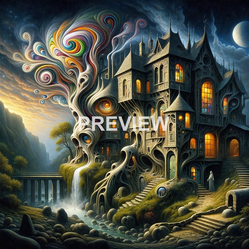 A fantastical, surreal house with intricate, twisting wooden architecture featuring glowing windows, set in a lush landscape with a small waterfall, trees, and a starry sky with a large moon, all rendered in a colorful, dreamlike style.